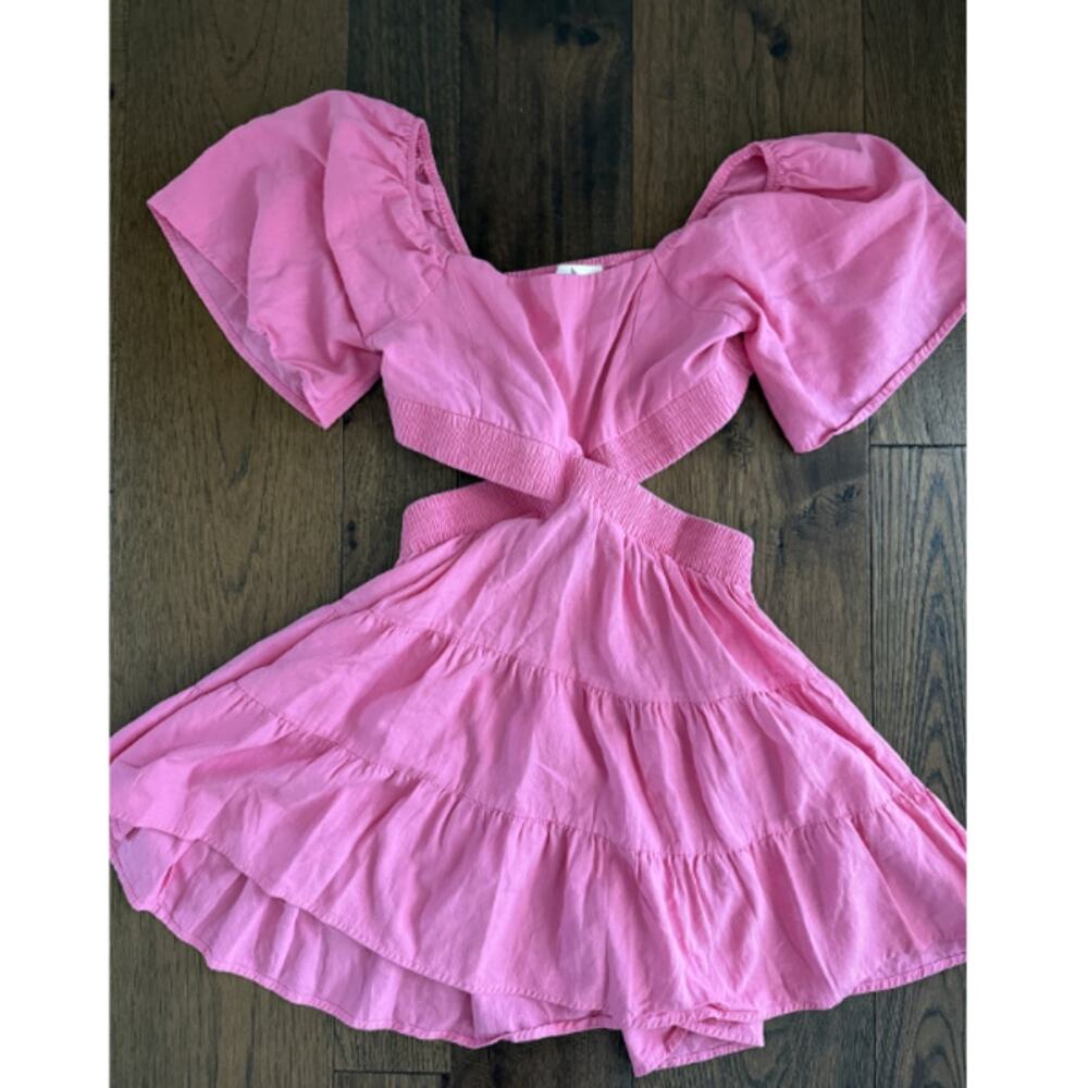 Shy Velvet Pink Cutout Puff Sleeve Smocked Tiered Mini Dress Size M Coquette